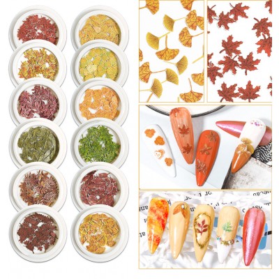 New!12 Autumn Leaf Designs 50pcs/box 3D Nail Art Decoration leaves Wood pulp Chips